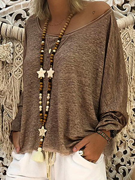 Casual Solid Crew Neck Long Sleeve Cotton Plus Size T-Shirt