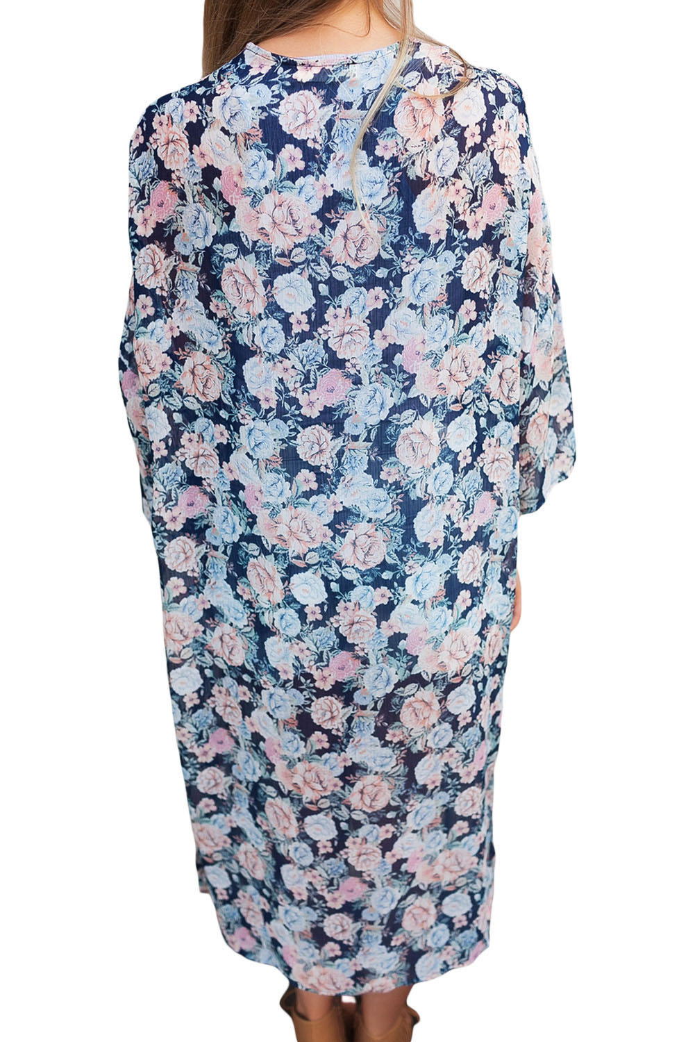 Dark Blue Floral Side Slit Boho Kimono