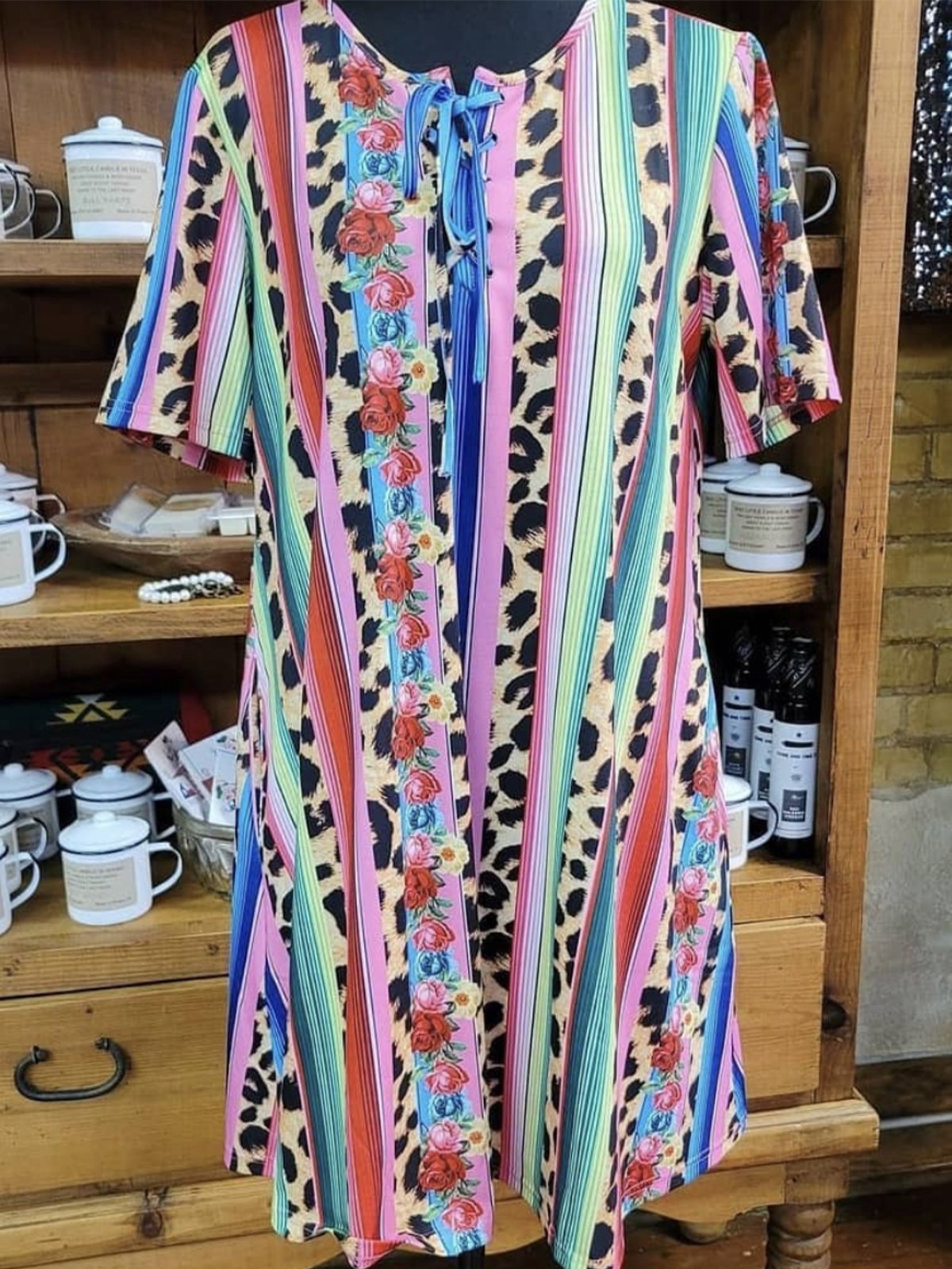 Floral Short Sleeve Crew Neck Cotton-Blend Dresses