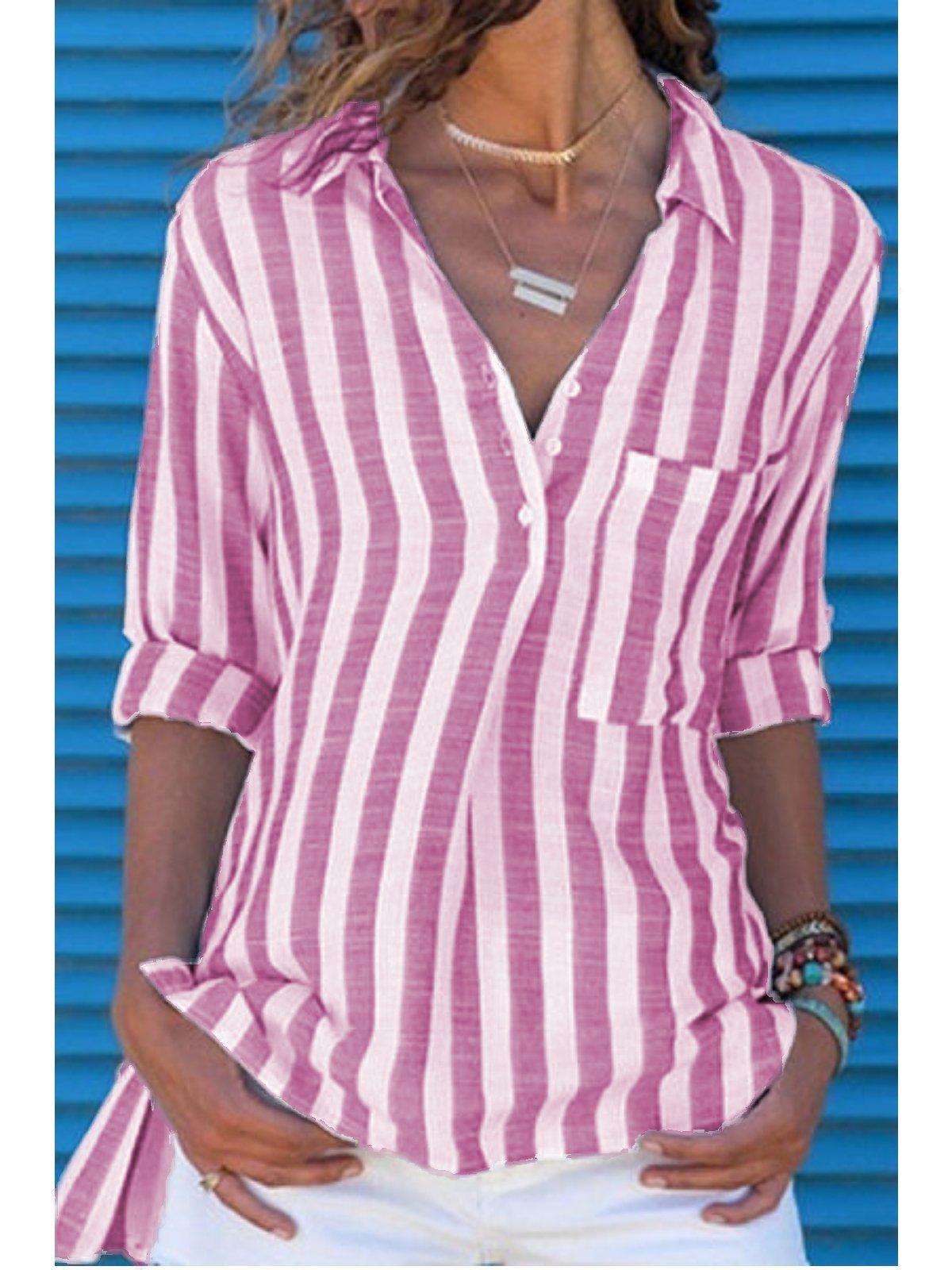 Long Sleeve Cotton Pockets Striped Shirts & Tops