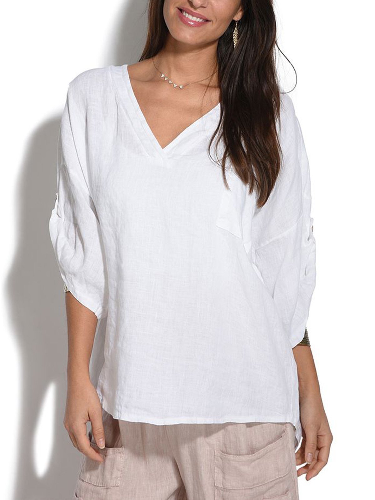 Plus Size Casual 3/4 Sleeve V Neck Solid Tops