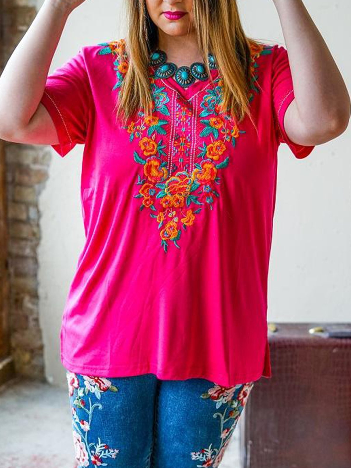 Short Sleeve Vintage Printed V Neck Shirts & Tops