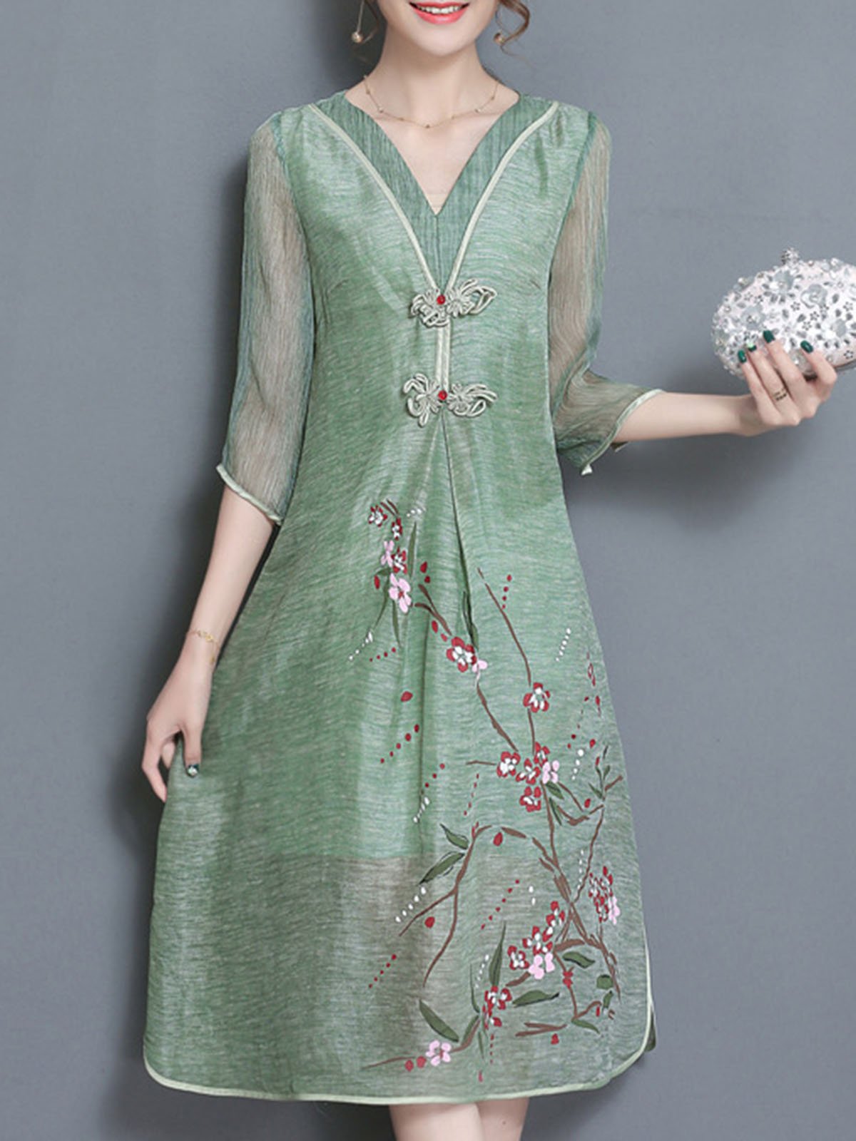 Half Sleeve Satin Vintage Floral-print Plus Size Dress