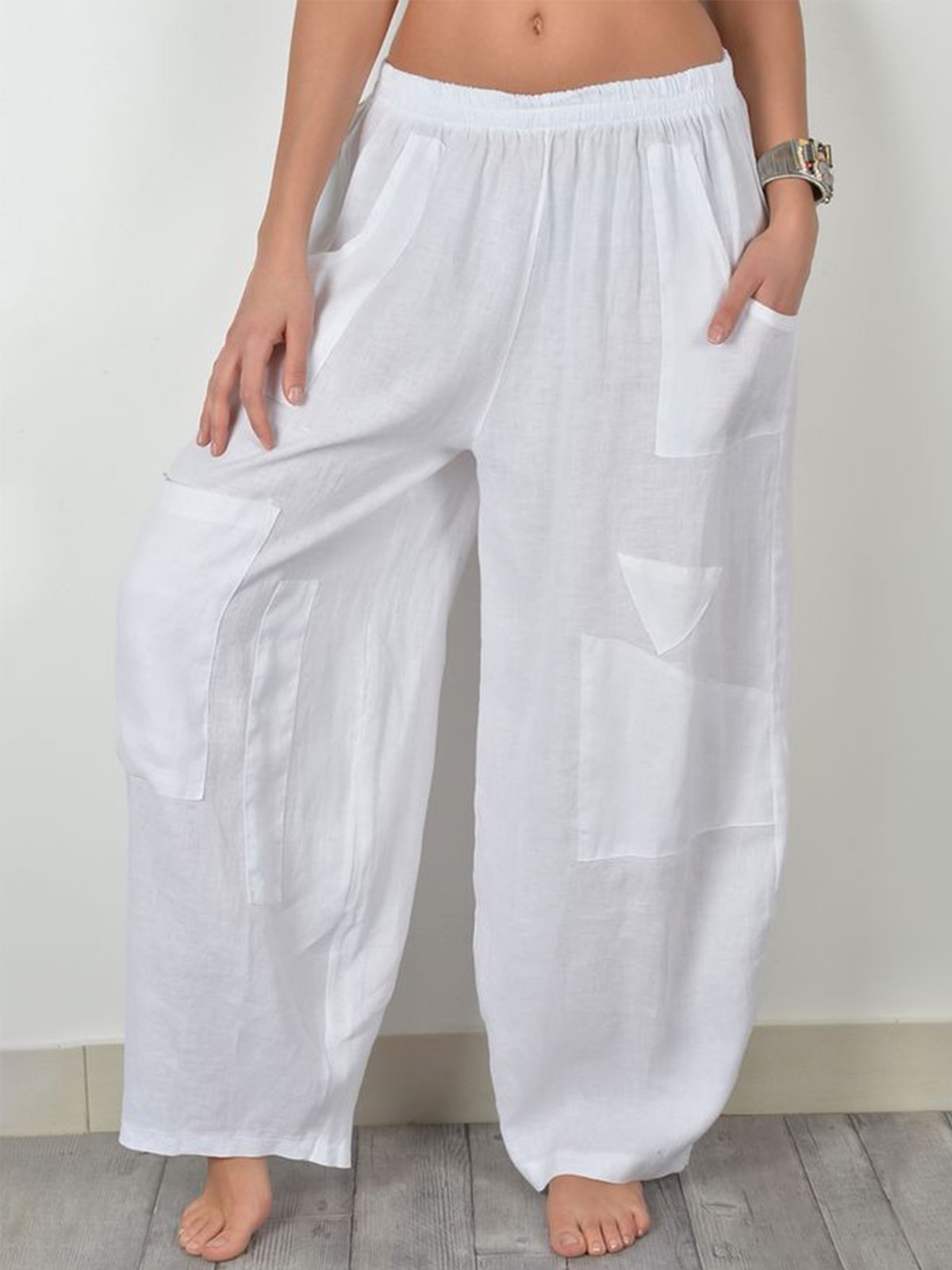 Plus Size Casual Solid Pockets Pants
