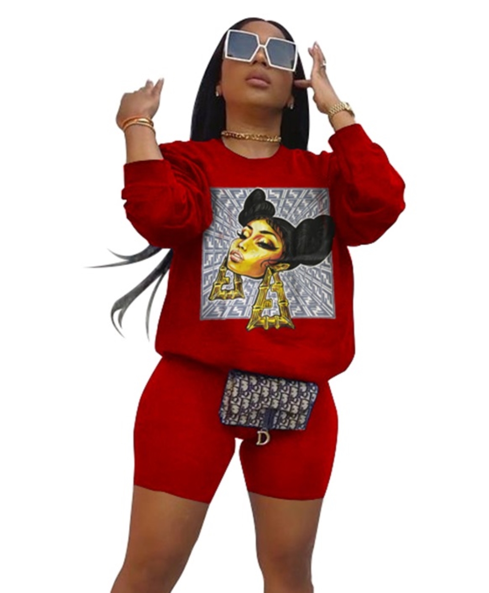 Autumn Character Print Two Piece Shorts Set