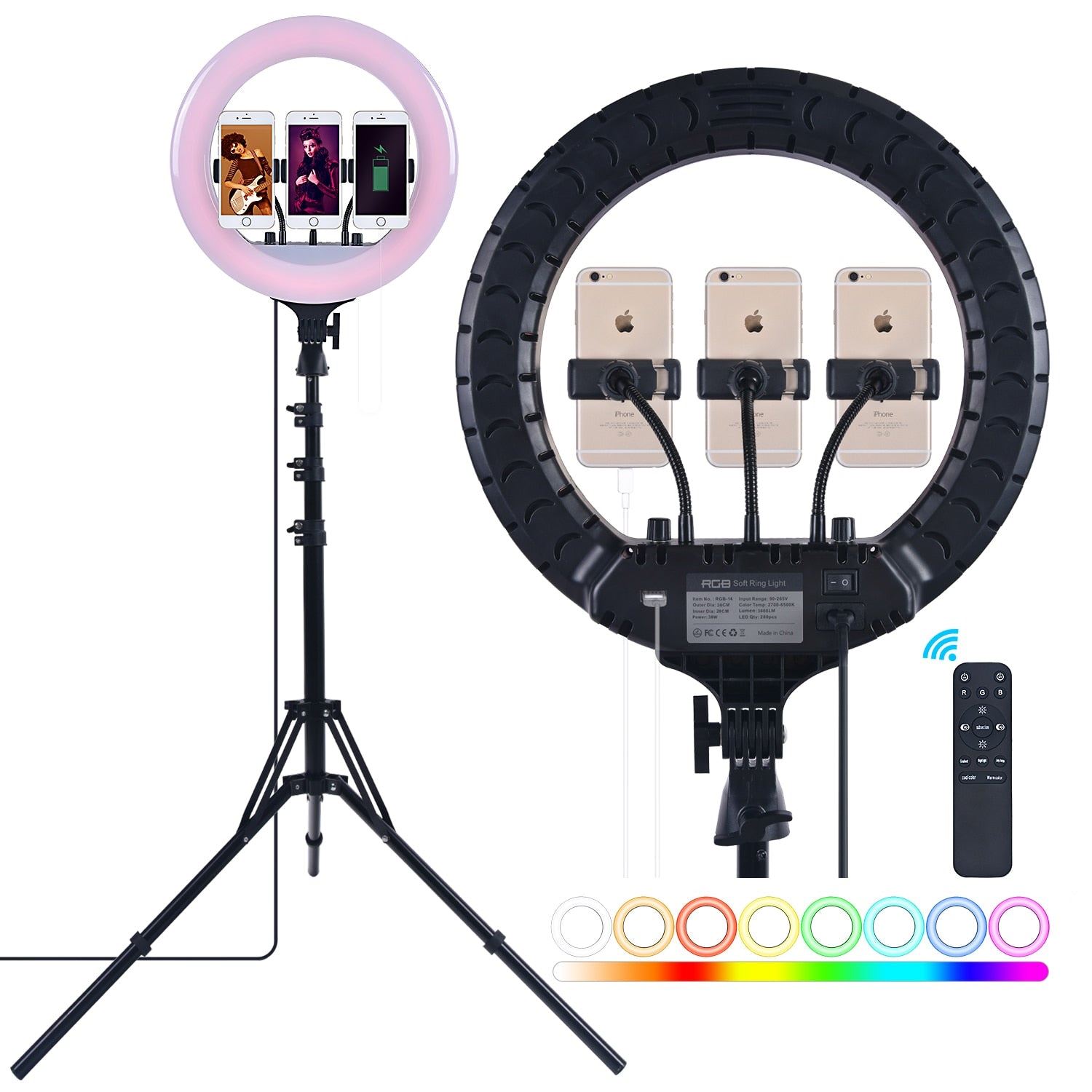 FOSOTO 14 Inch Led RGB Ring Light Photographic Lighting 2700-6500K Ring Lamp With Tripod and USB Port Ringlight For Phone Makeup