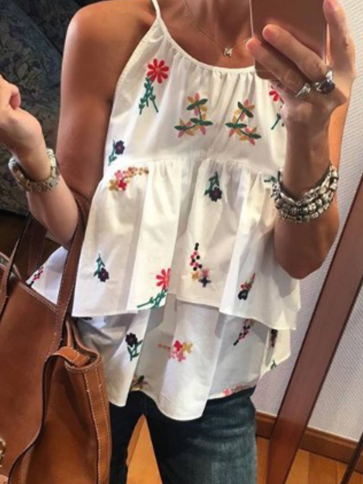 White Casual Crew Neck Cotton-Blend Shirts & Tops