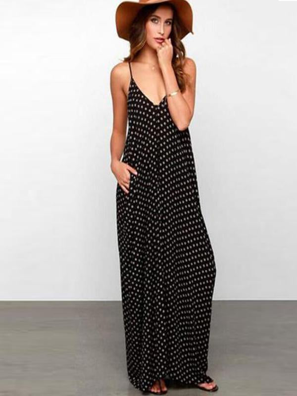 Chiffon Spaghetti Strap Backless Polka Dot Maxi Dresses
