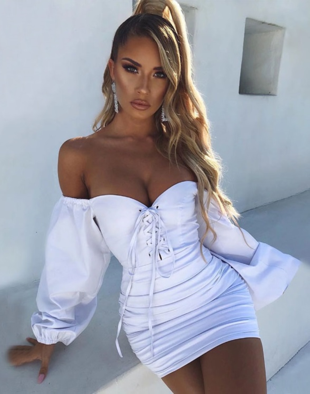 Lace Up Strapless Vintage Mini Dress with Puff Sleeves