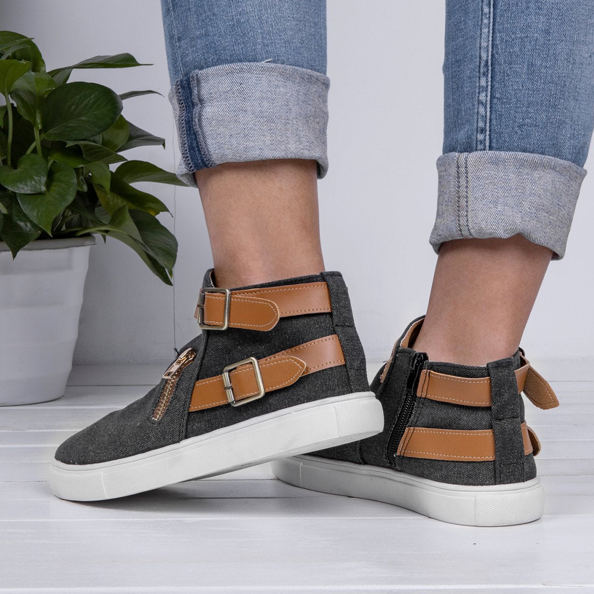 Plus Size Canvas Ankle Boots Flat Heel Buckle Booties with Zipper