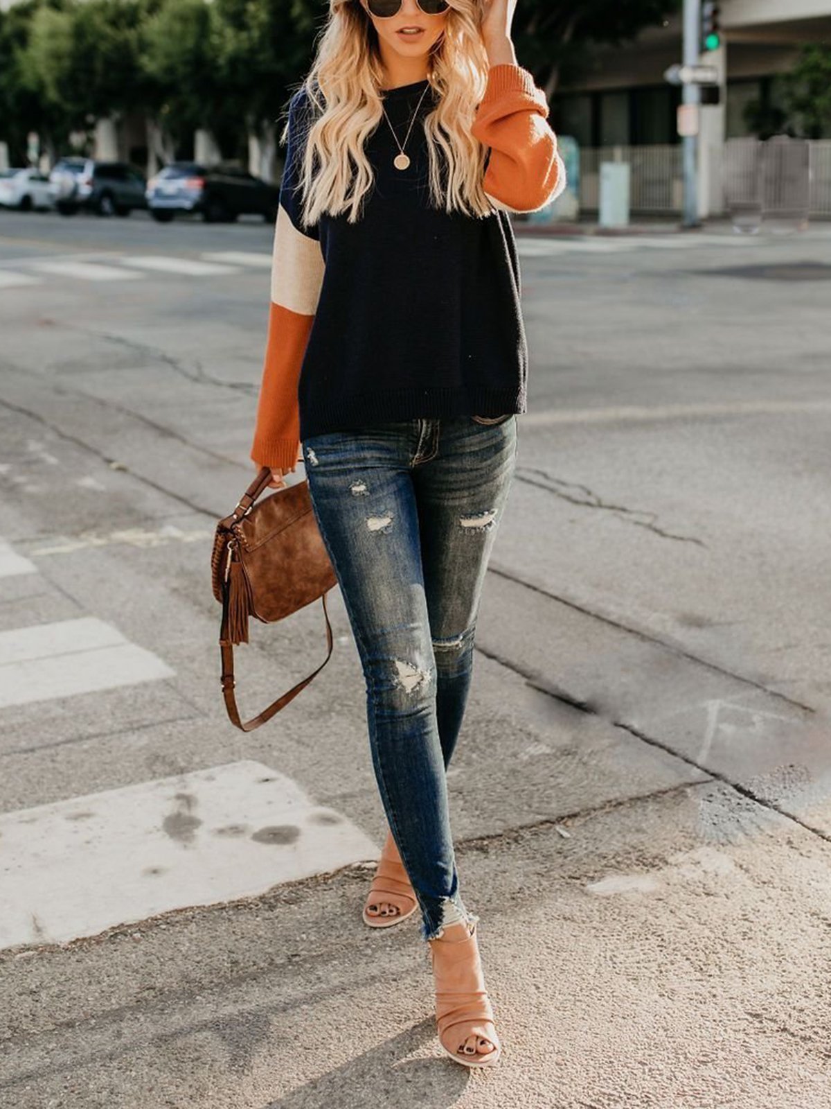 Patchwork Round Neck Casual Sweater