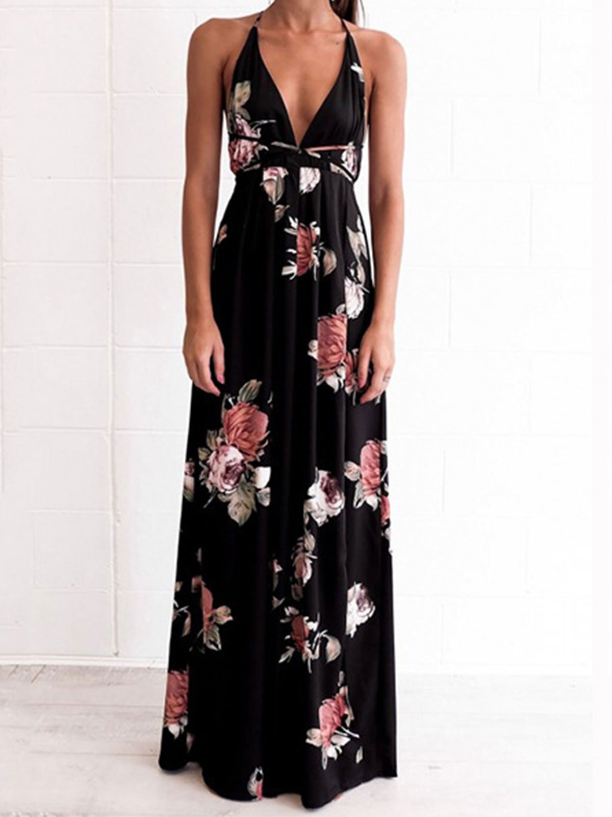 V Neck Floral Sweet Maxi Dresses
