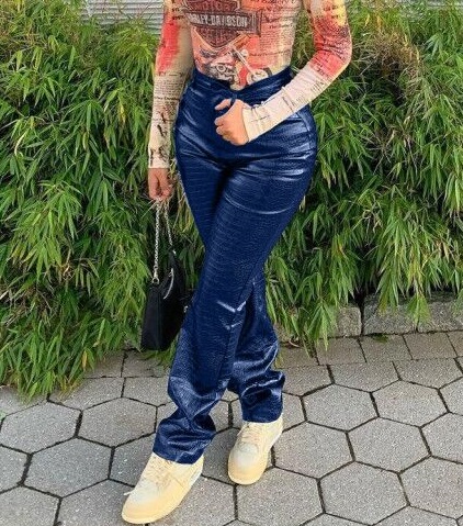 Winter Snake Skin Leather High Waist Pants