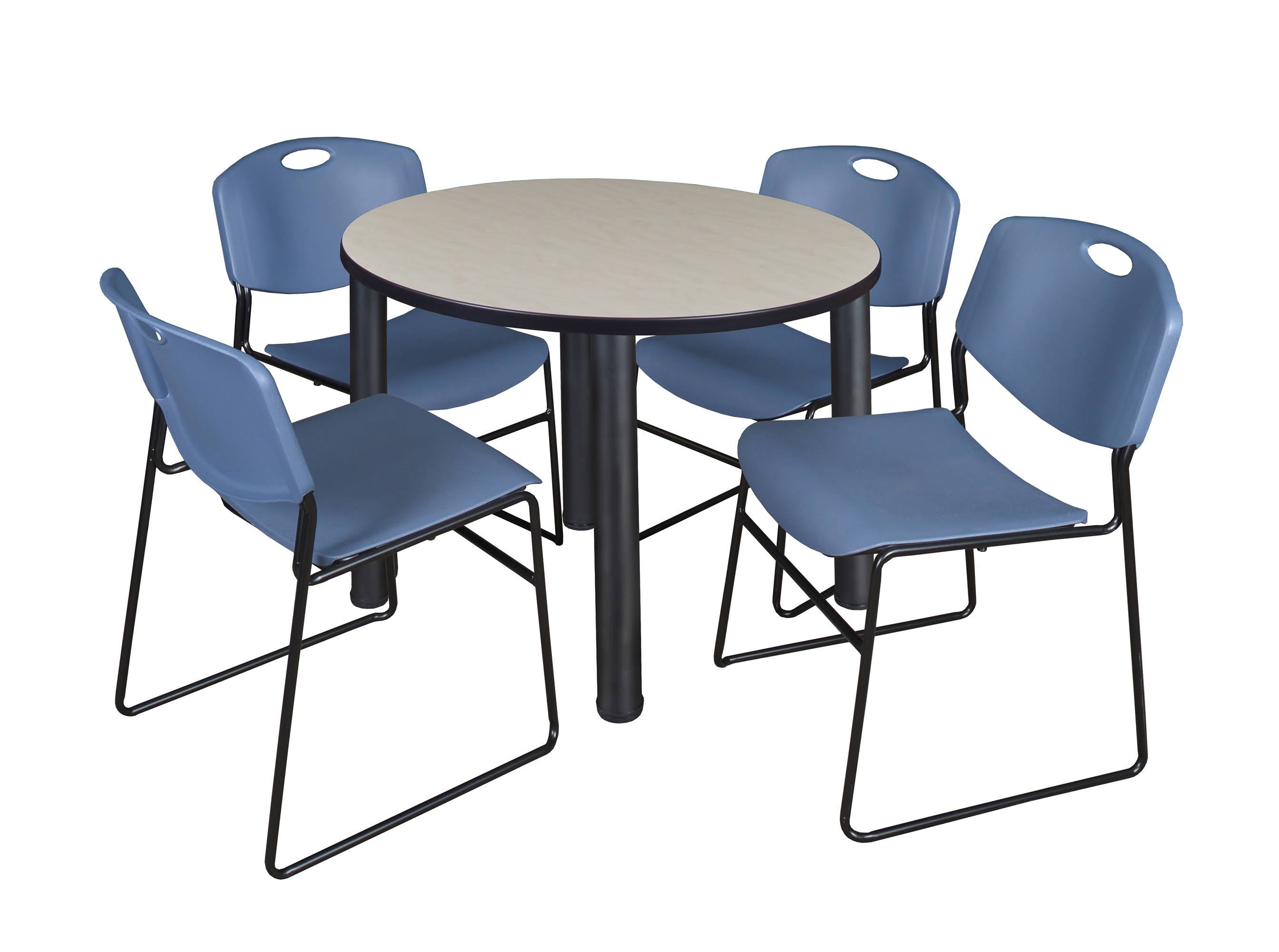 Regency Kee 48x22 Round Breakroom Table- Beige/ Black 4 Zeng Stack Chairs- Blue