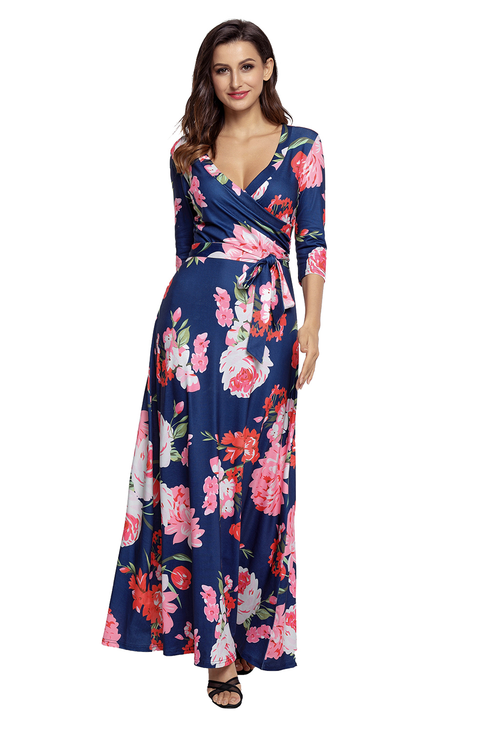 Navy Floral Print Wrapped Long Boho Dress