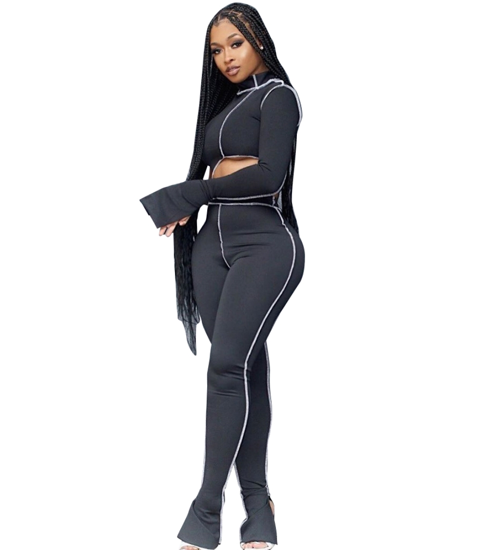 Black Long Sleeve Crop Top and Pants Set
