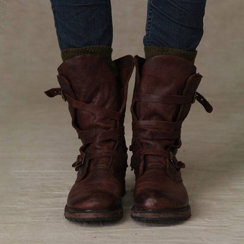 WOMEN VINTAGE RIDING BOOTS CASUAL CHIC BUCKLE BOOTS