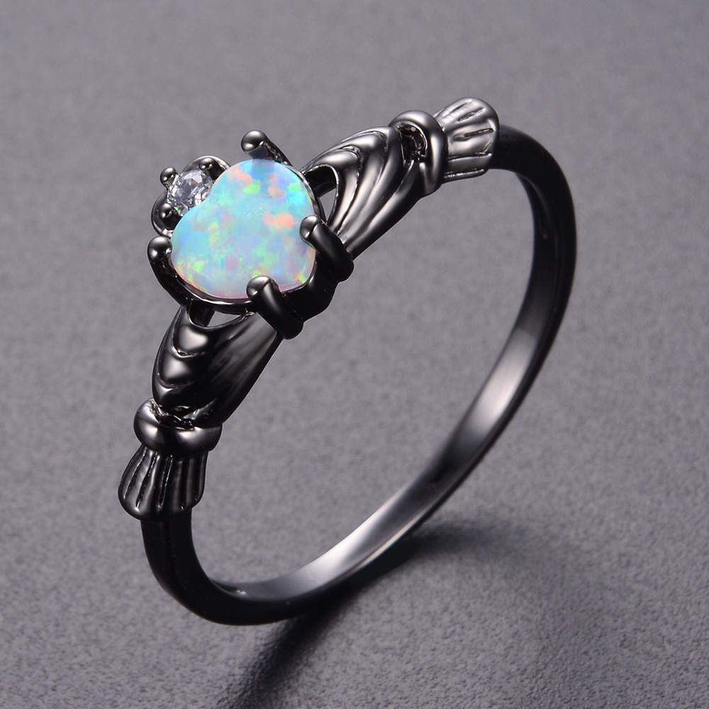 KNOCK high Charming Heart Shape Fire Opal Rings For Women Wedding Band Vintage Black Filled White Ring