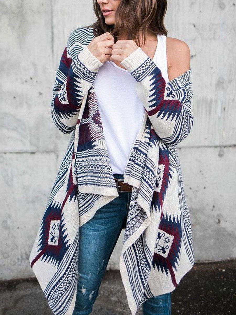 Collarless  Tribal Printed  Long Sleeve Cardigans