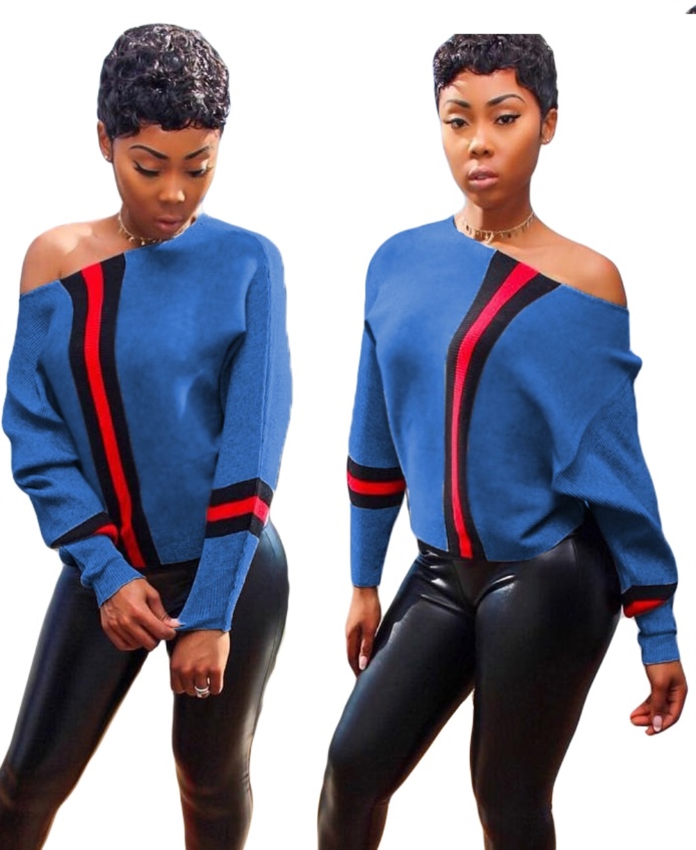 Bat Sleeving Stripes Long Sleeve Shirt with Slash Shoulder