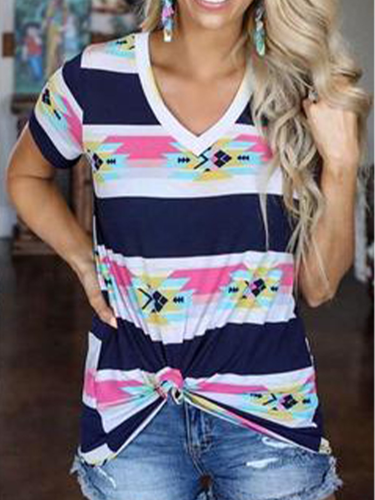 Deep Blue Shift Jersey V Neck Casual Shirts & Tops