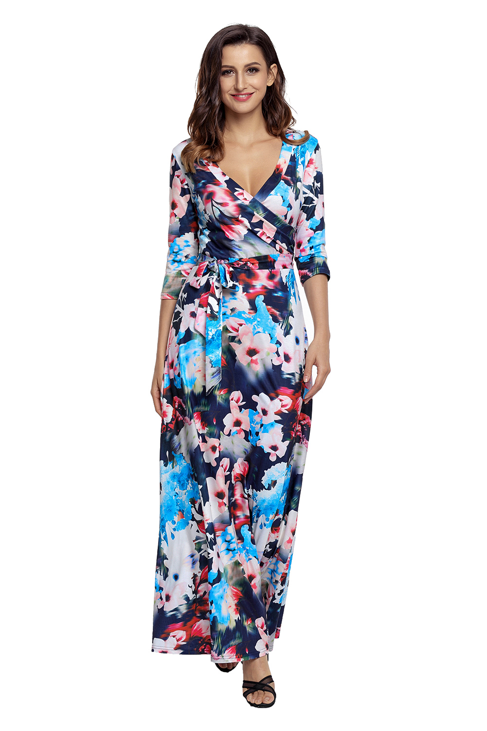 Bluish Floral Print Wrapped Long Boho Dress