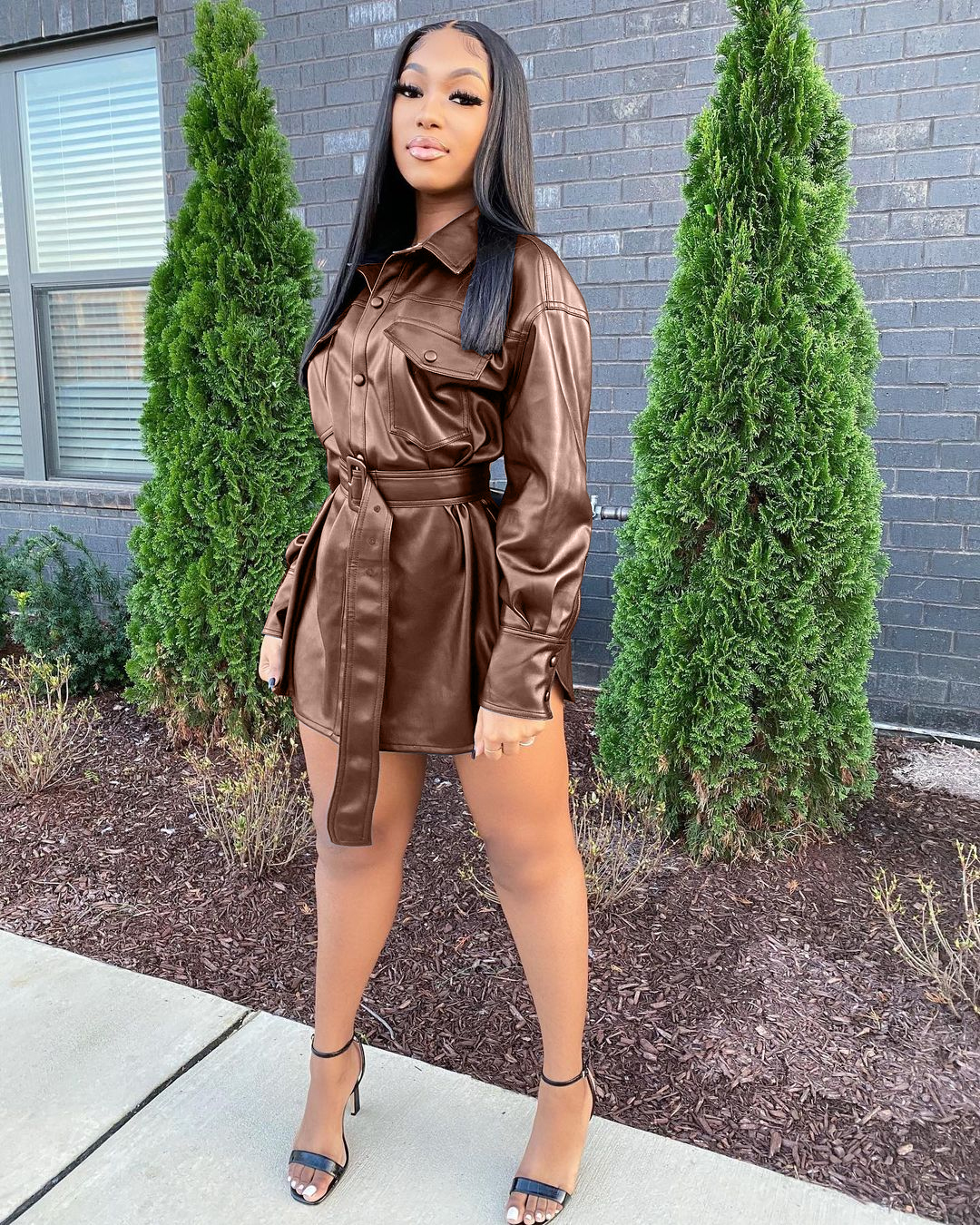 Winter Button Up Leather Shirt Dress with Belt