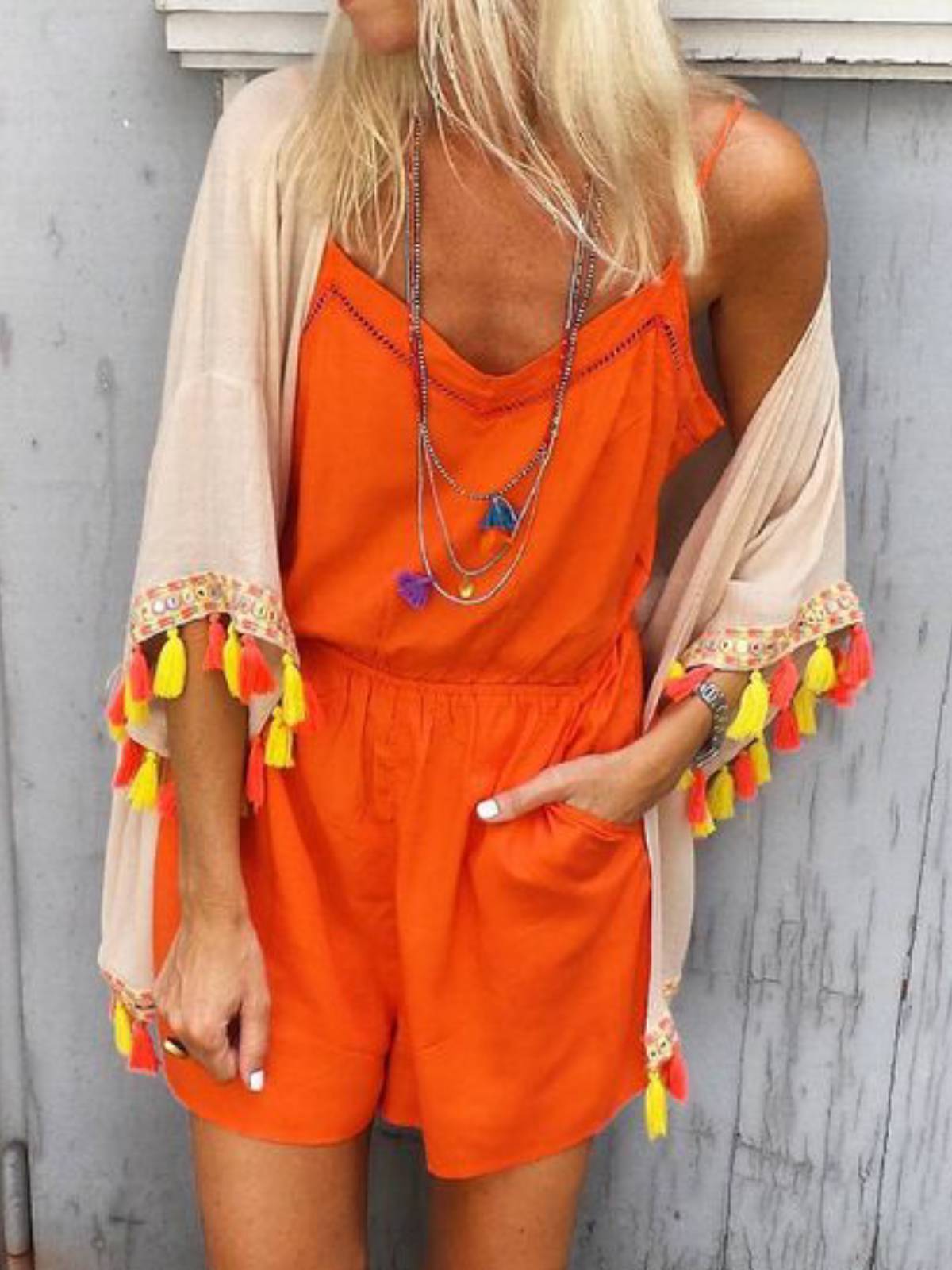 Orange Casual Drawstring One-Pieces