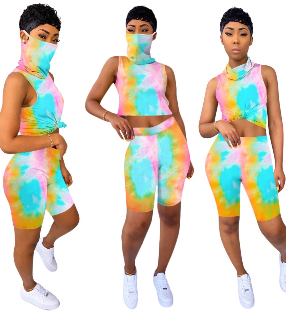Summer Tie Dye Two Piece Short Set with Face Cover