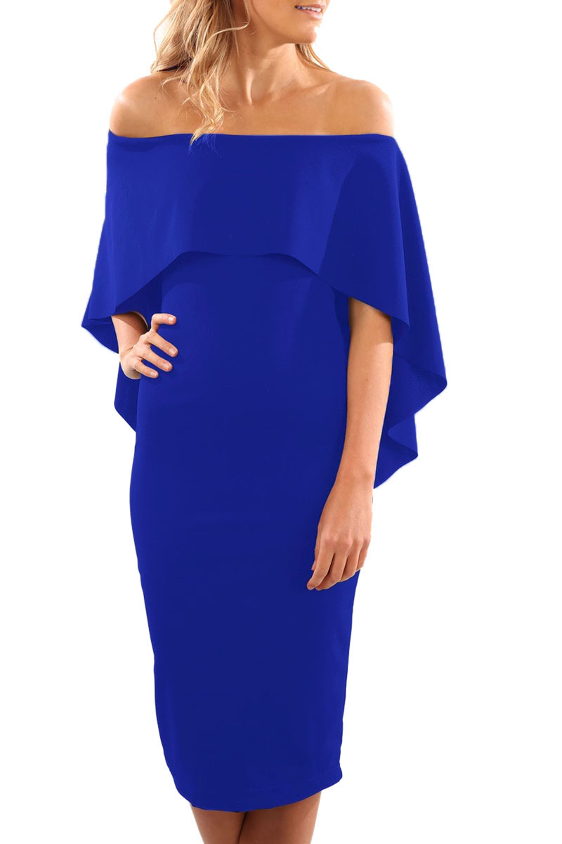Royal Blue Luxurious Off Shoulder Batwing Cape Midi Dress
