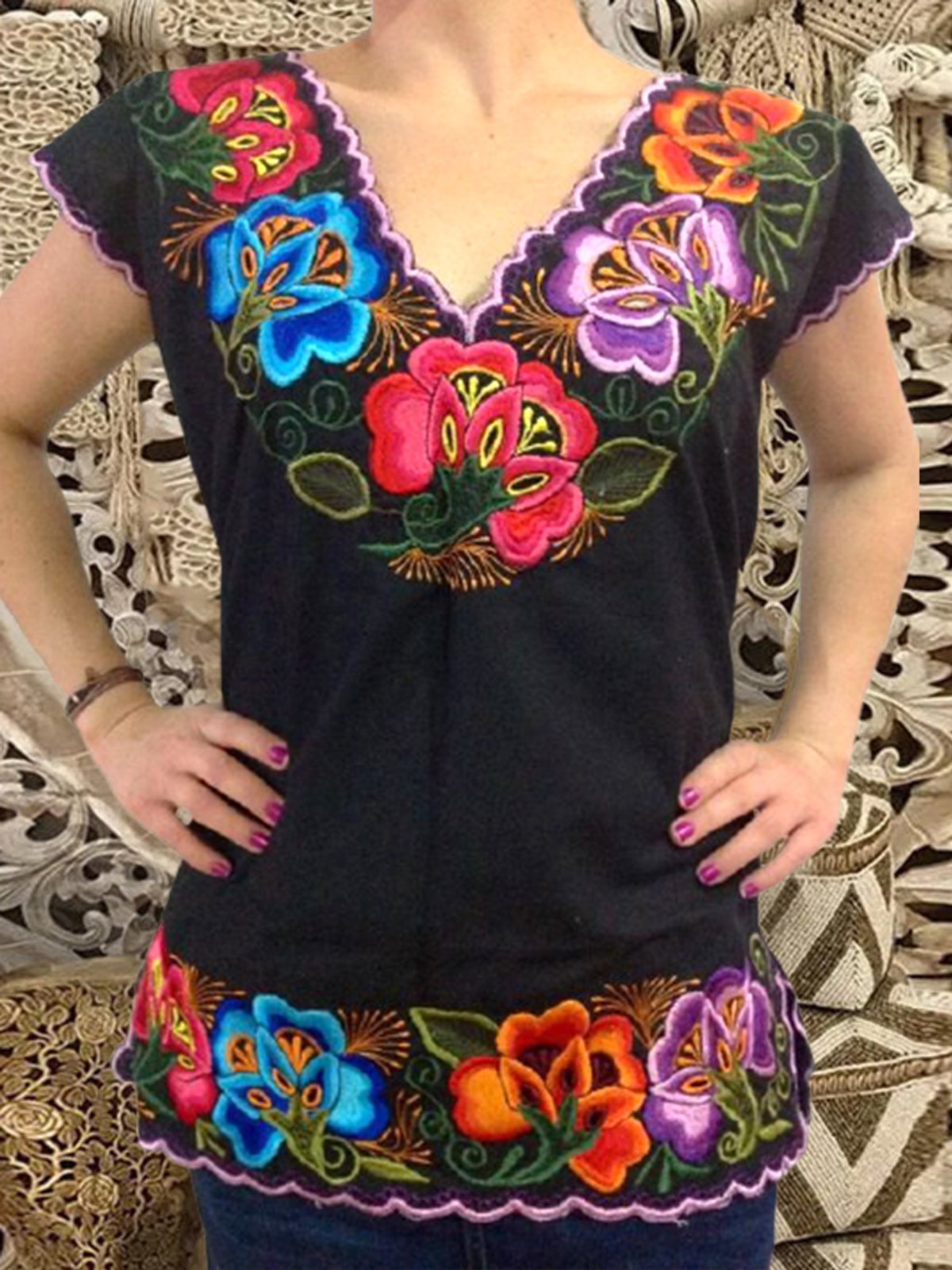 V Neck Cotton-Blend Casual Shirts & Tops