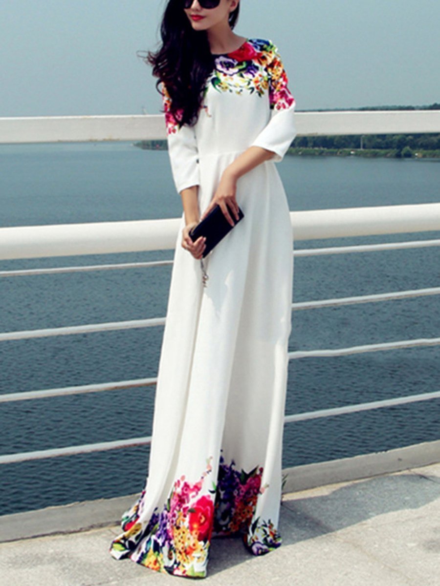 Printed Floor Length White Evening Dress