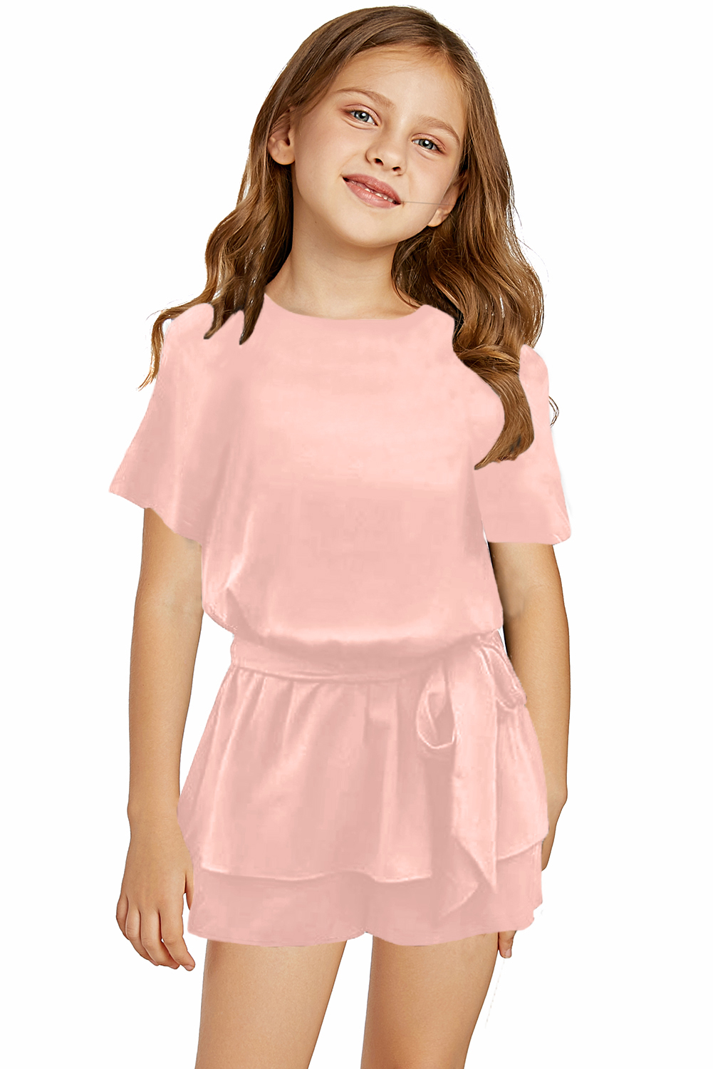 Pink Keyhole Back Belted Peplum Girls Romper