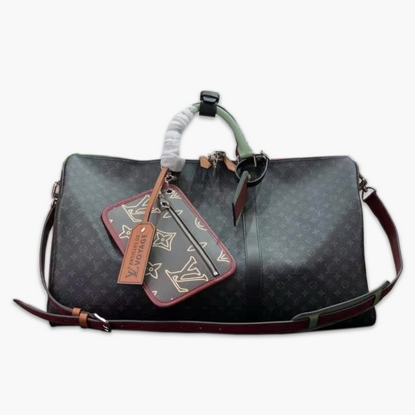 【原版皮】路易威登/LV Keepall 50旅行袋，Monogram Eclipse帆布包身搭配卷标和点缀Monogram图案的可拆卸拉链袋，机舱行李尺寸，内含充裕空间，与绅士优雅随行，款号：M56856