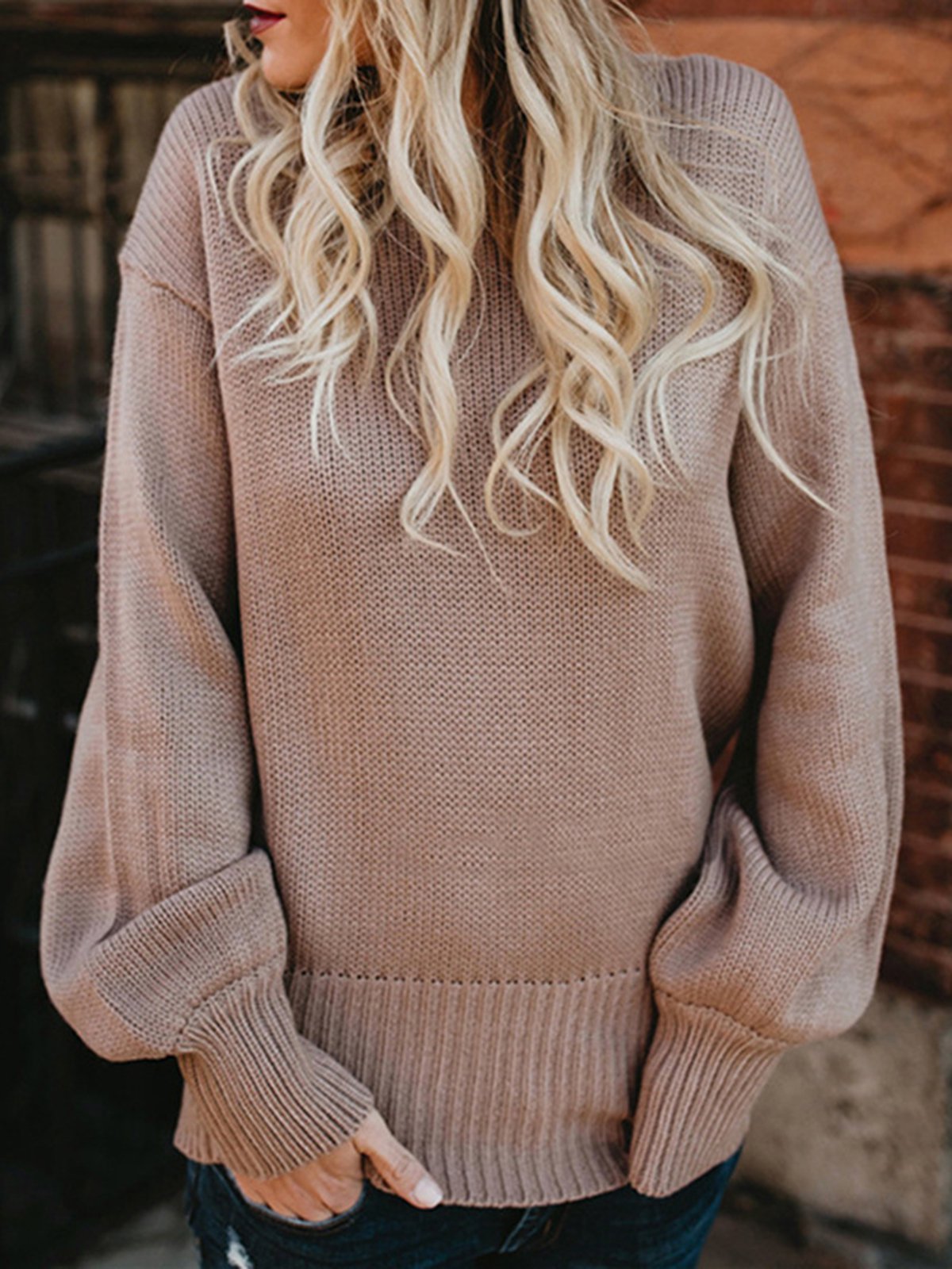 Acrylic Crew Neck Casual Lace Up Sweater