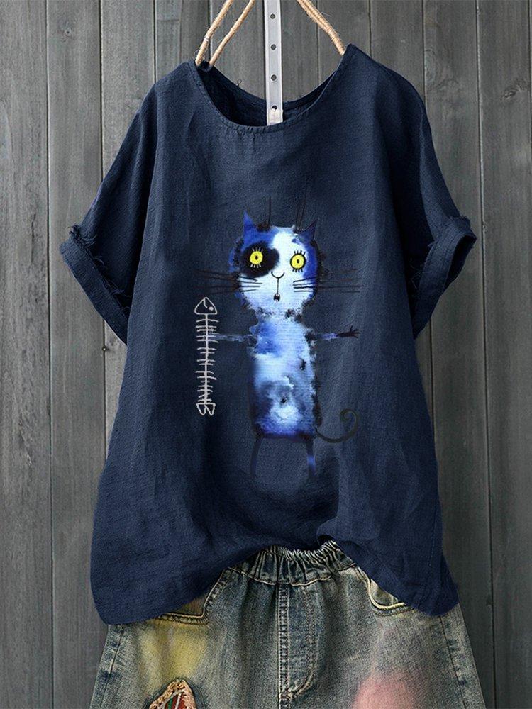 Short Sleeve Cotton-Blend Round Neck Sweet Shirts & Tops