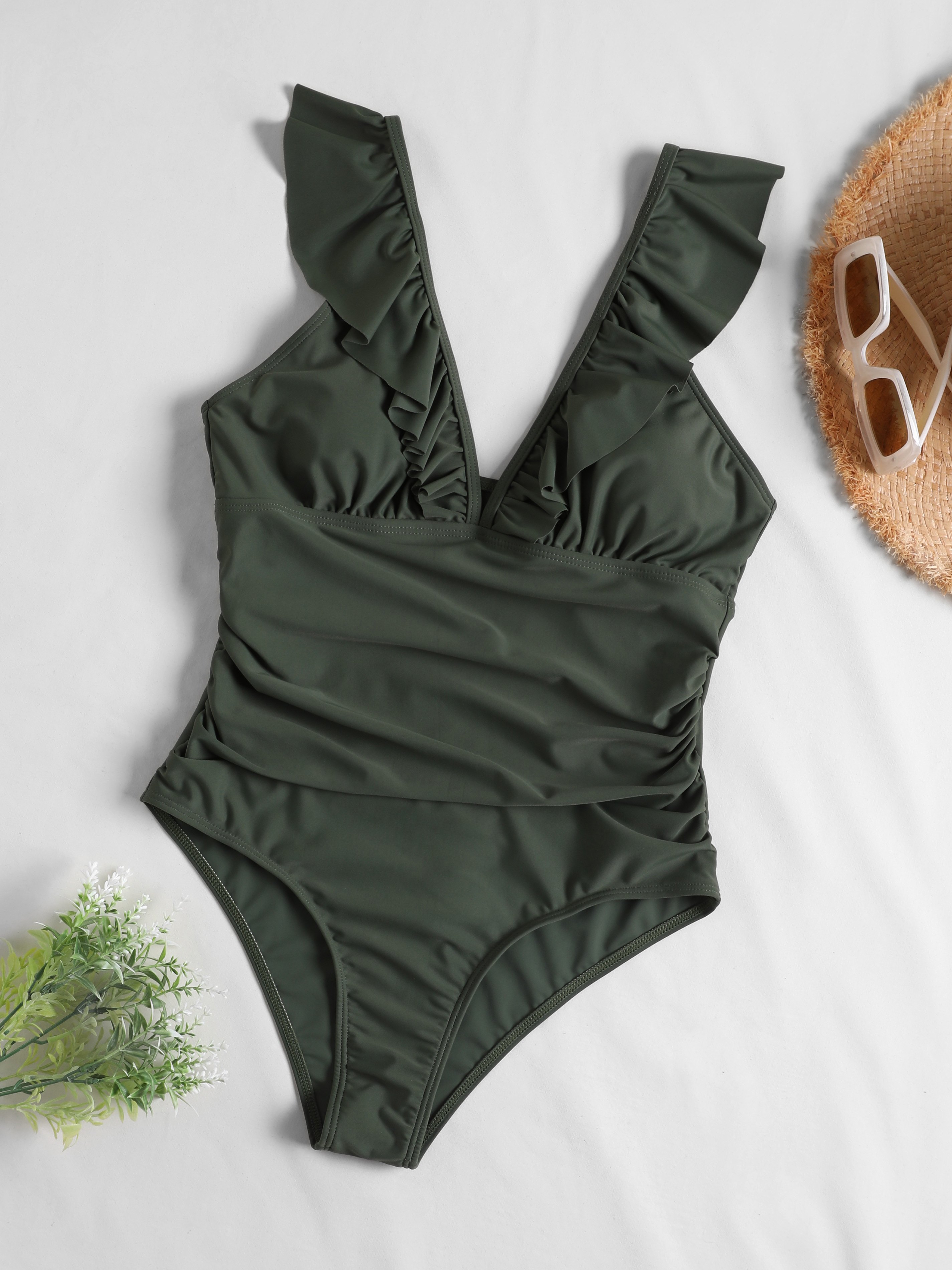 Solid Ruffle Plunge Collar One-Piece Swimsuit