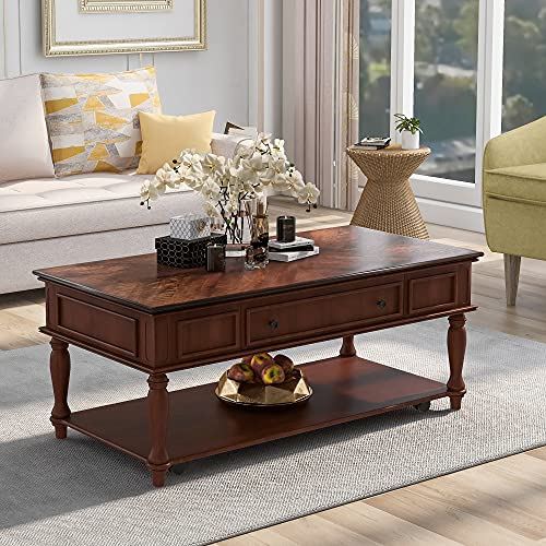 RUNNA Wood Coffee Table with Drawer and Storage Shelf for Livingroom/Office