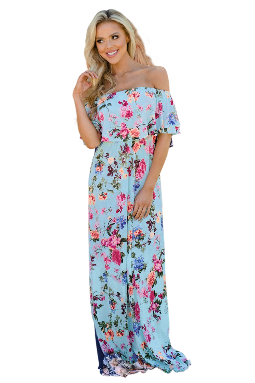 Sky Blue Ruffle Off Shoulder Floral Print Maxi Boho Dress