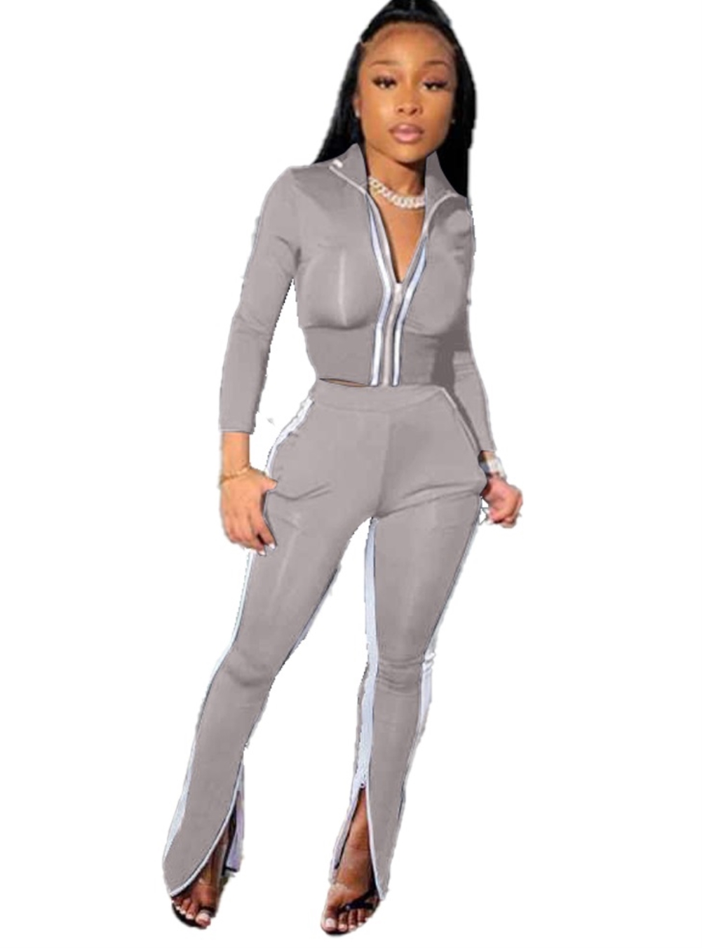 Autumn Matching Zipper Crop Top and Slit Zipper Pants Set