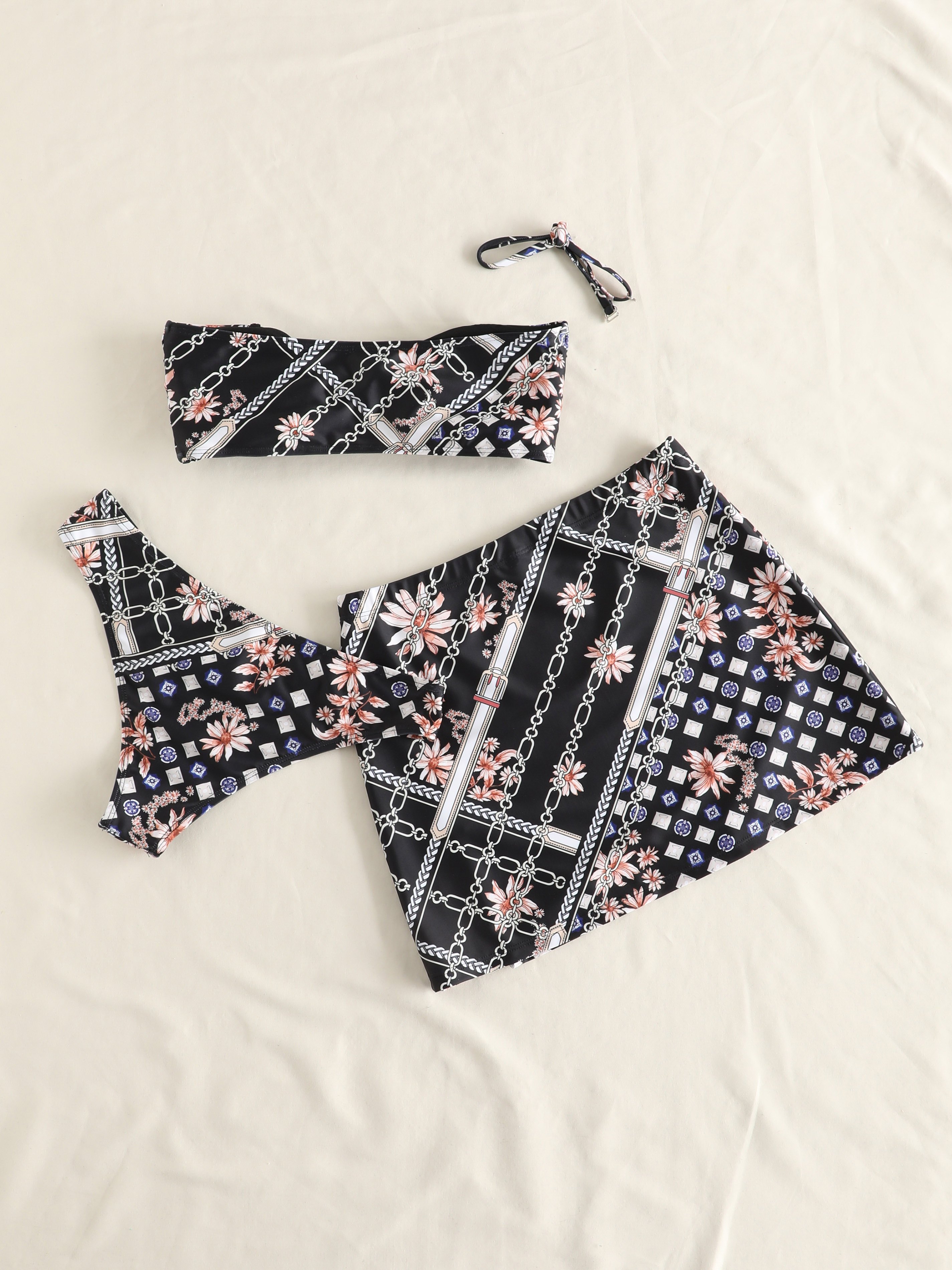 Chain Floral Print Halter Three-Piece Bikini