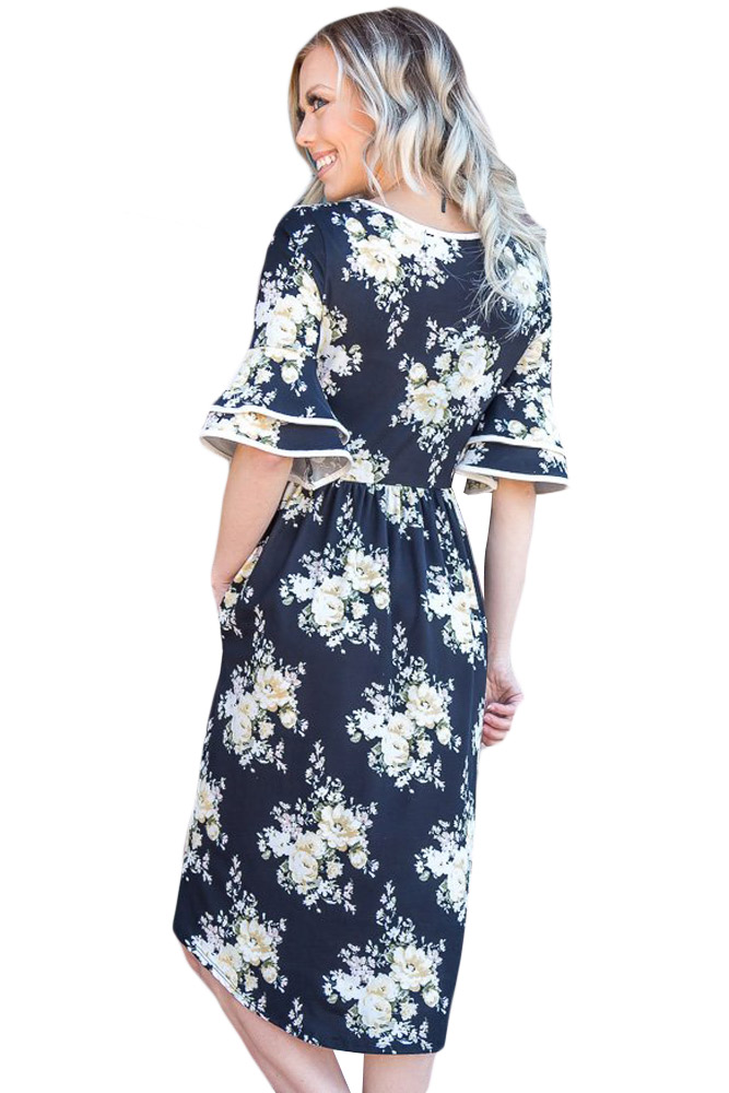 Navy Floral Print Layered Bell Sleeve Dress