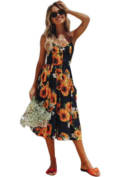 Sunflower Print Navy Button Down Sundress Shopyyfashion gxg