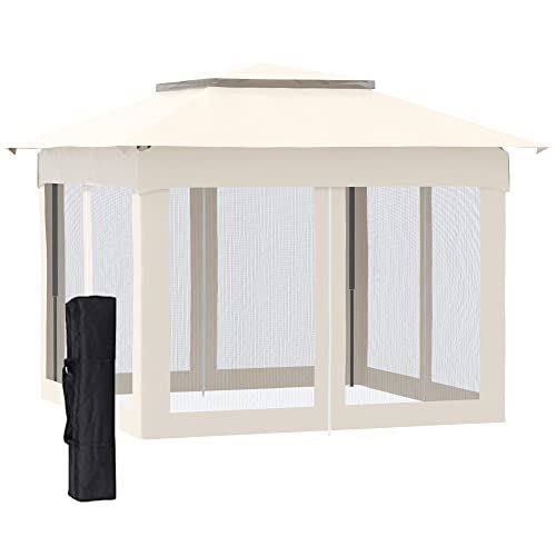 Outsunny 11�� x 11�� Pop Up Gazebo Outdoor Canopy Shelter with 2-Tier Soft Top, and Removable Zipper Netting, Event Tent with Large Shade, and Storage Bag for Patio, Backyard, Garden, Beige