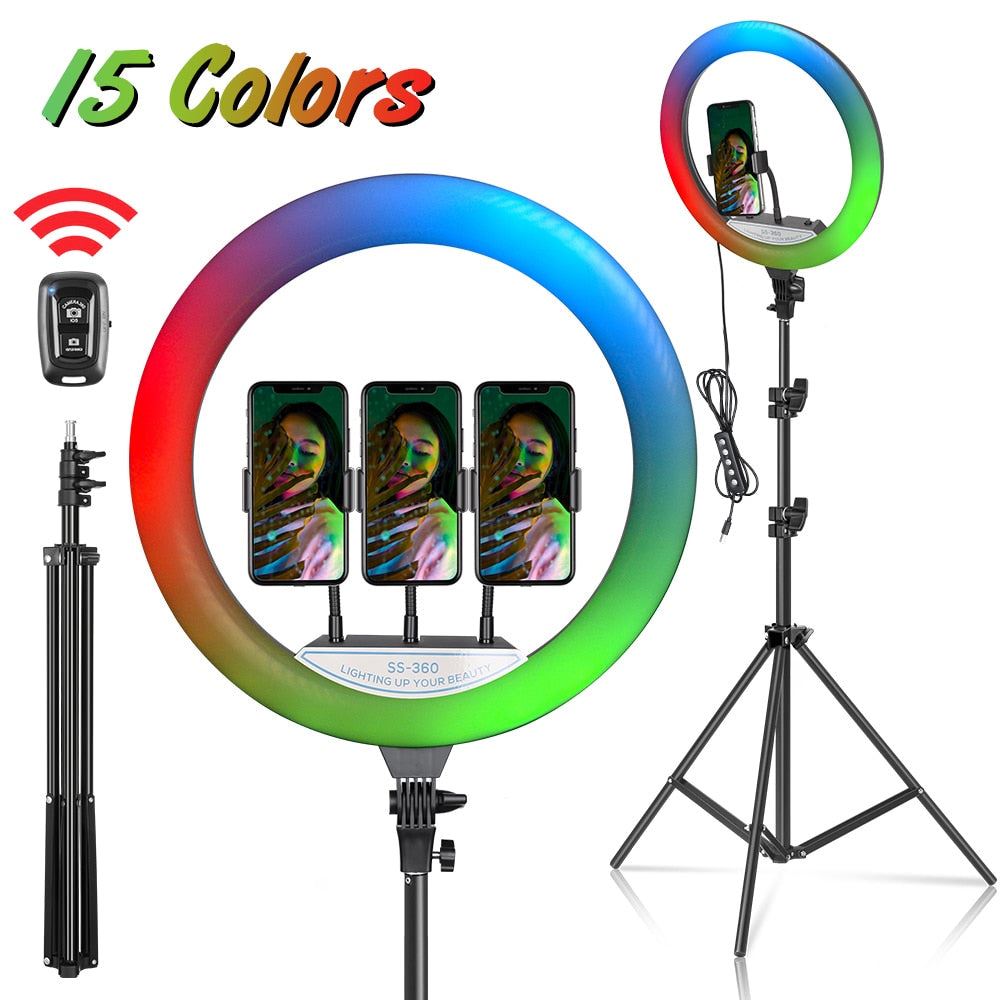 14Inch REB Ring Light With Tripod Stand Bluetooth Selfie LED Lamp Dimmable Photography
