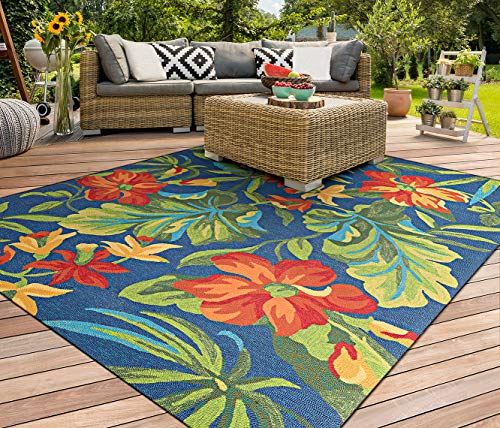 Couristan Covington Tropical Orchid Indoor/Outdoor Area Rug, 5��6��� x 8��, Azure/Forest Green/Red