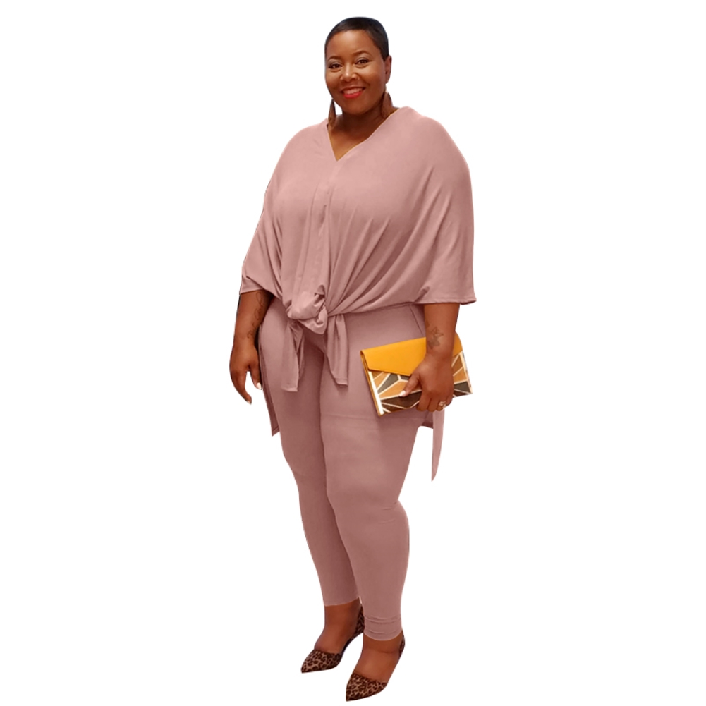 Plus Size Casual Plain Two Piece Pants Set