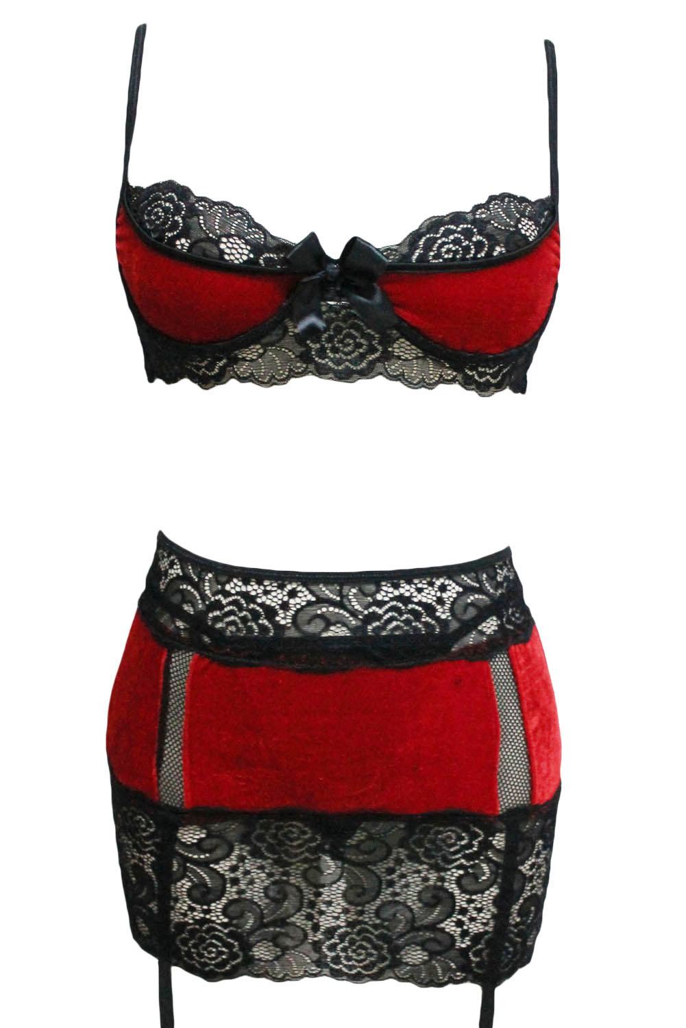 Velvet Bra Thong Garter Set
