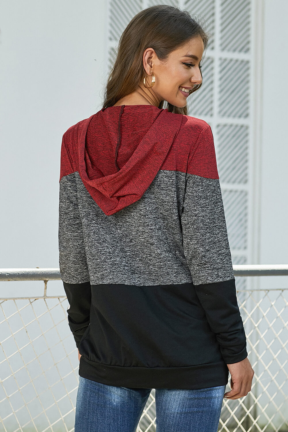 Red Color Block Long Sleeve Pullover Knit Hoodie