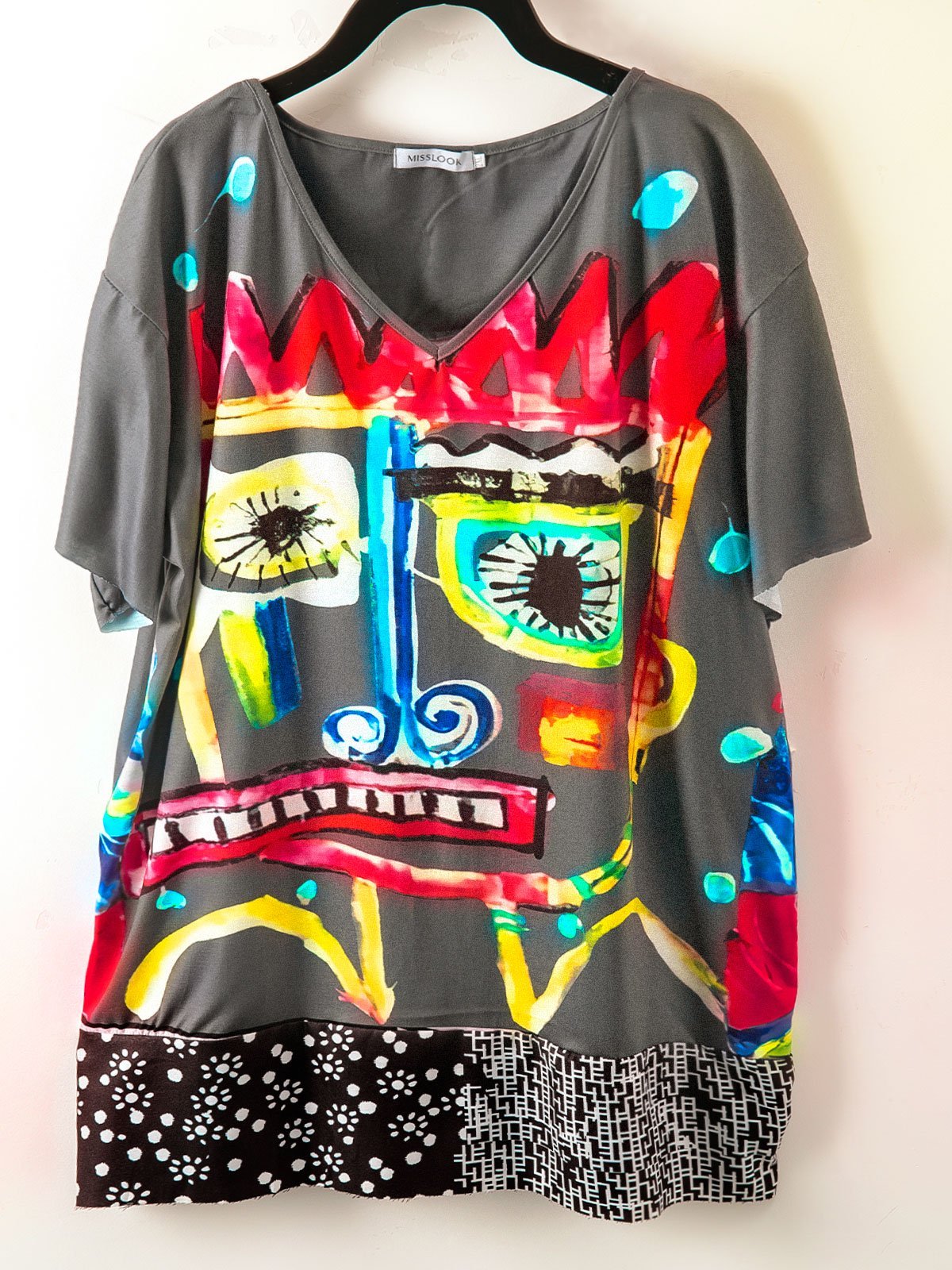 Gray Short Sleeve Cotton-Blend V Neck Shirts & Tops